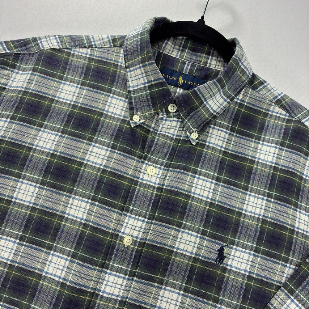 Ralph Lauren Mens L Button Down Shirt Blue Green Plaid Long Sleeve Pony Logo